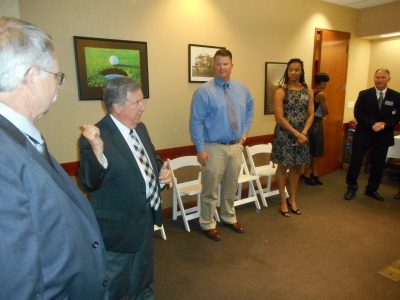 Tom Menasco talking with 2015 Inductees. Frank Beede, Keisha Johnson and Mike Reale left of Tom.