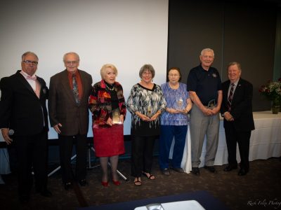 2018 Volunteers Honored, From Left to right M/C Gary Bras, John Harris, Barbara Harris, Erlene Lanter, Bev Maciel, Al Jones,and ASL Founder Tom Menasco