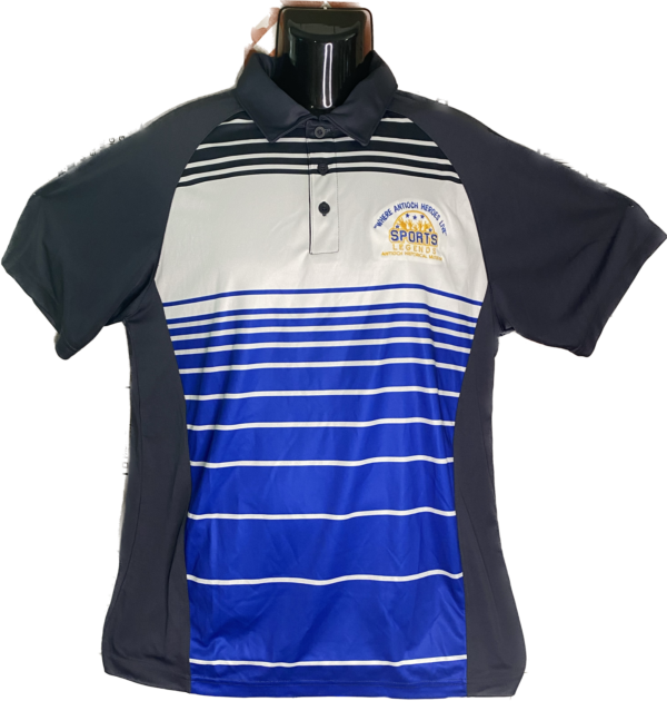 Mens Nylon Charcoal Grey Polo with Royal Blue and White Stripe