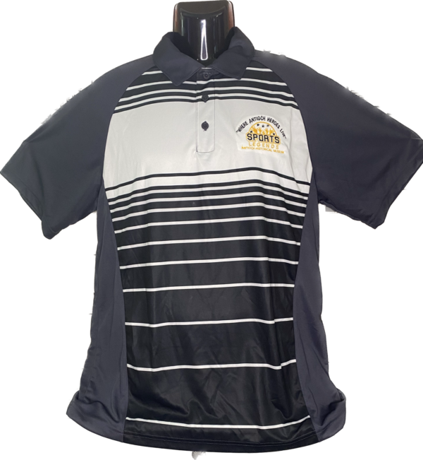 Mens Nylon Charcoal Grey Polo with Black and White Stripe