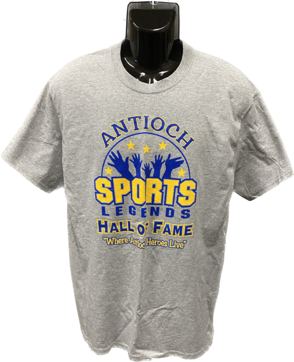 Grey Mens Antioch Sports Legends T-shirt with Blue and Gold Logo
